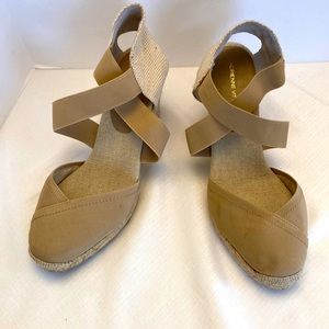 Size 10 M beige canvas and straw 3 1/2” wedge shoes . Adrienne Vittadini